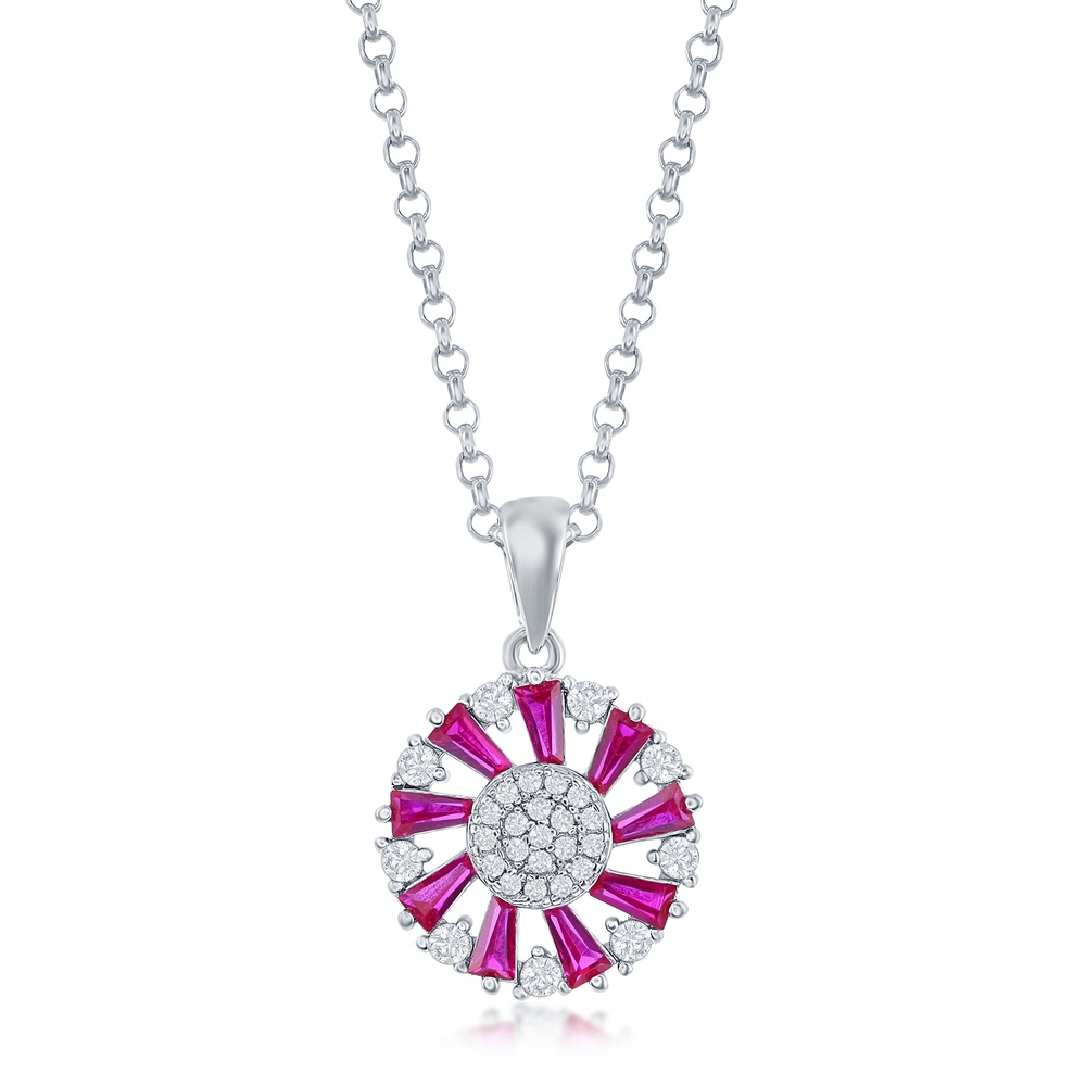 Ruby and Clear CZ Pinwheel Pendant - Sterling Silver - Click Image to Close